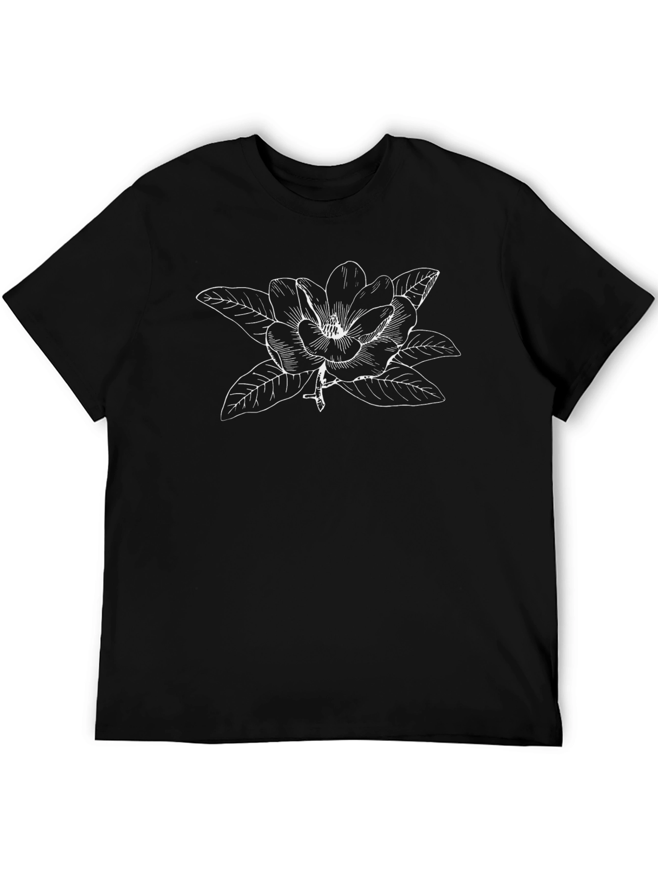 Black T-Shirt with Magnolia Flower Graphic