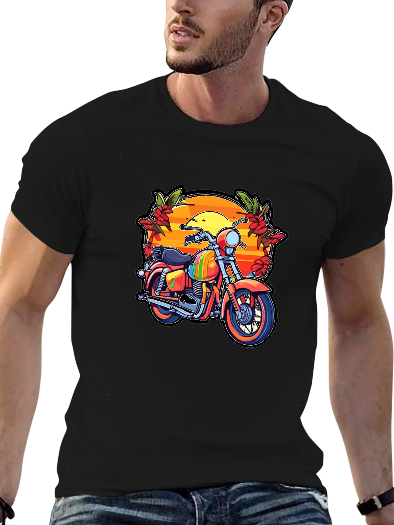 Motorcycle Sunset Graphic Tee - Retro Biker Style