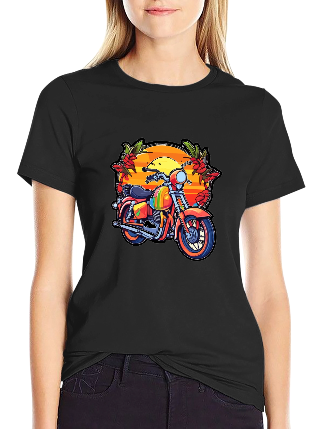 Motorcycle Sunset Graphic Tee - Retro Biker Style